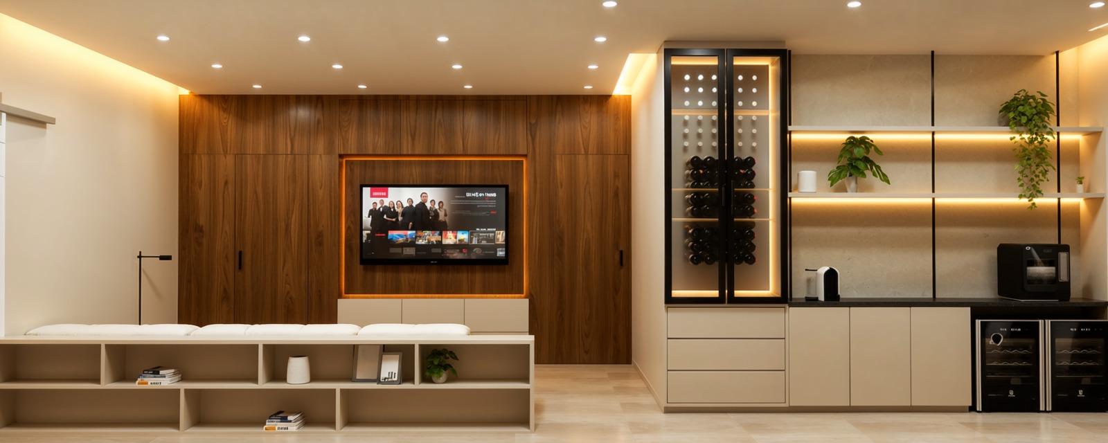 Sala de TV com painel em madeira e adega embutida