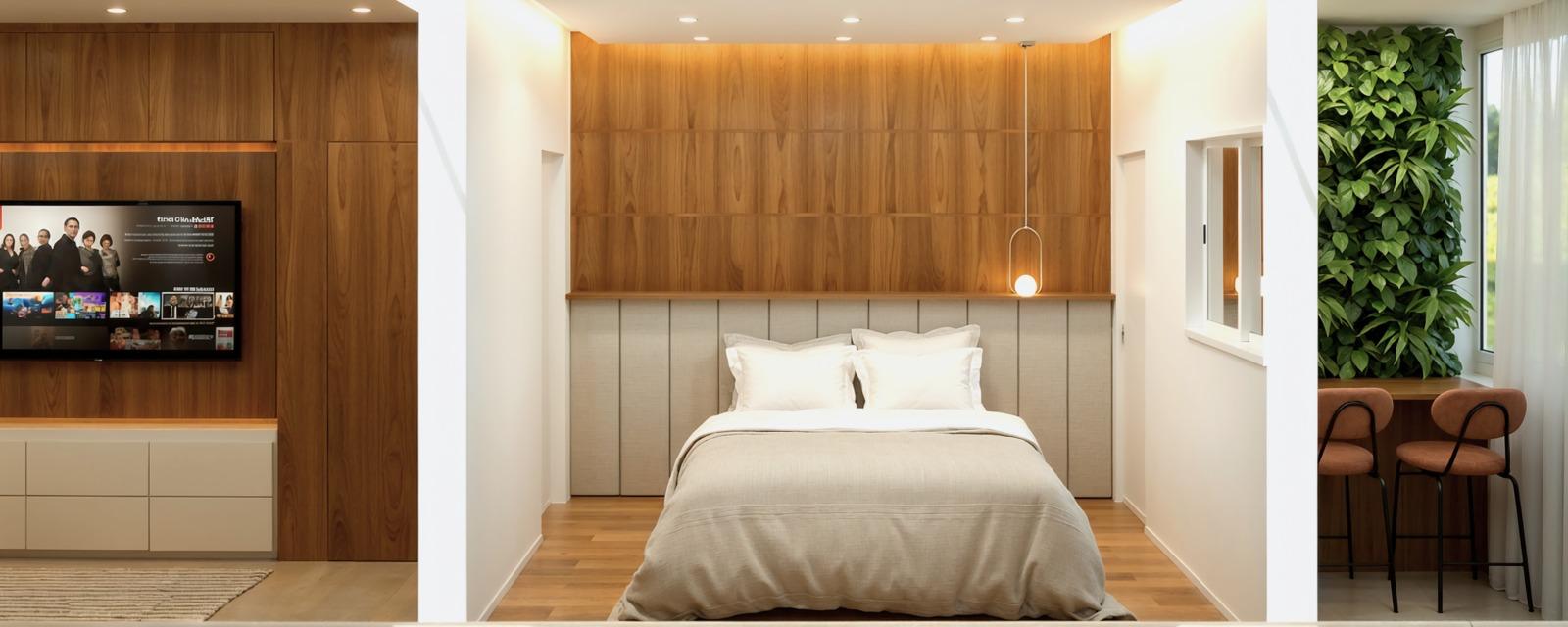 Suíte com cabeceira em painel de madeira e jardim vertical — design de interiores