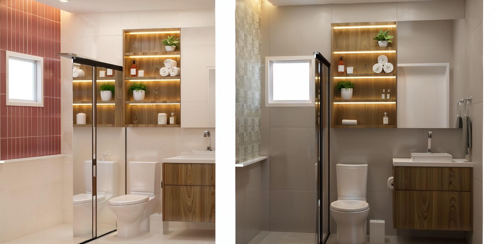 Banheiro com revestimento cinza e metais laqueados — projeto design de interiores