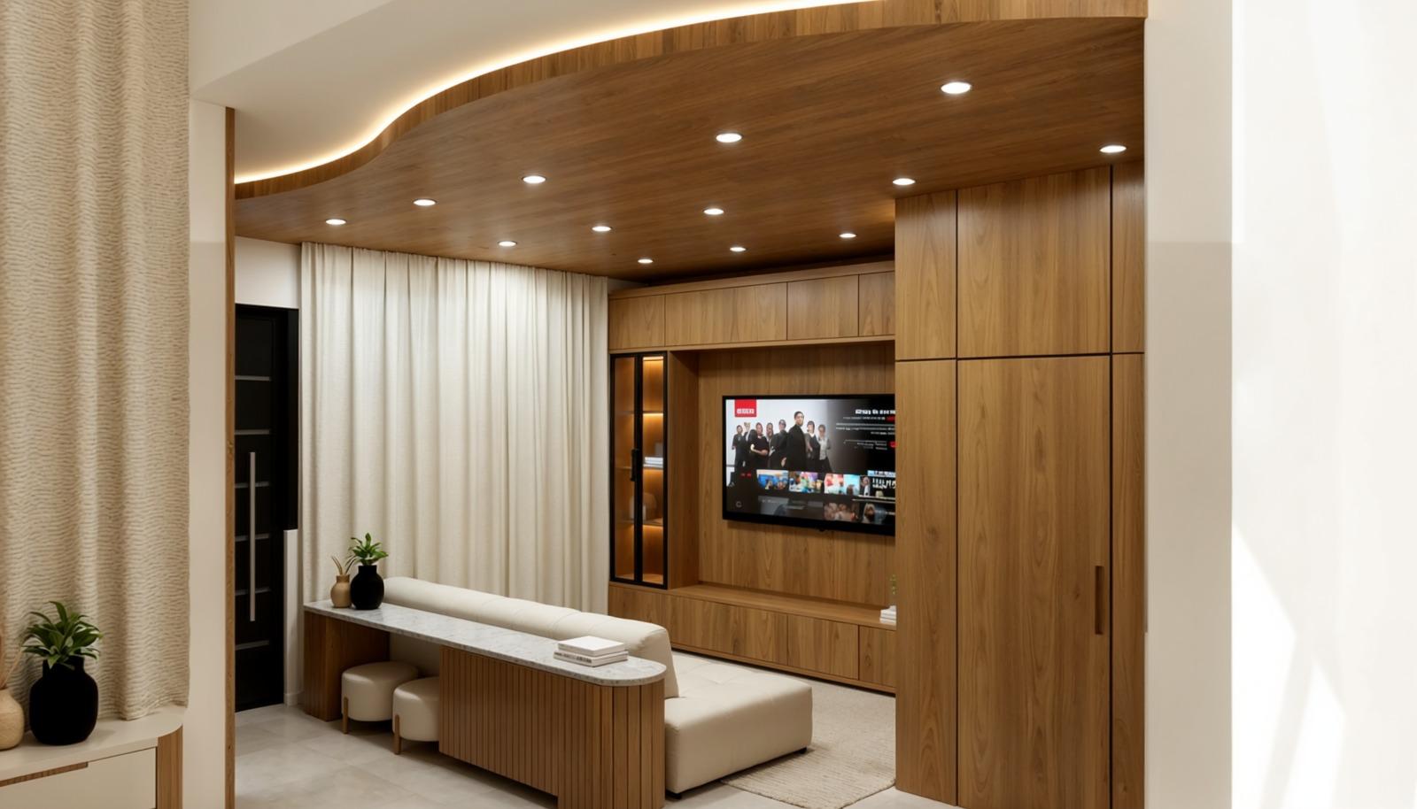 Sala de TV com forro curvo em madeira — projeto residencial de alto padrão