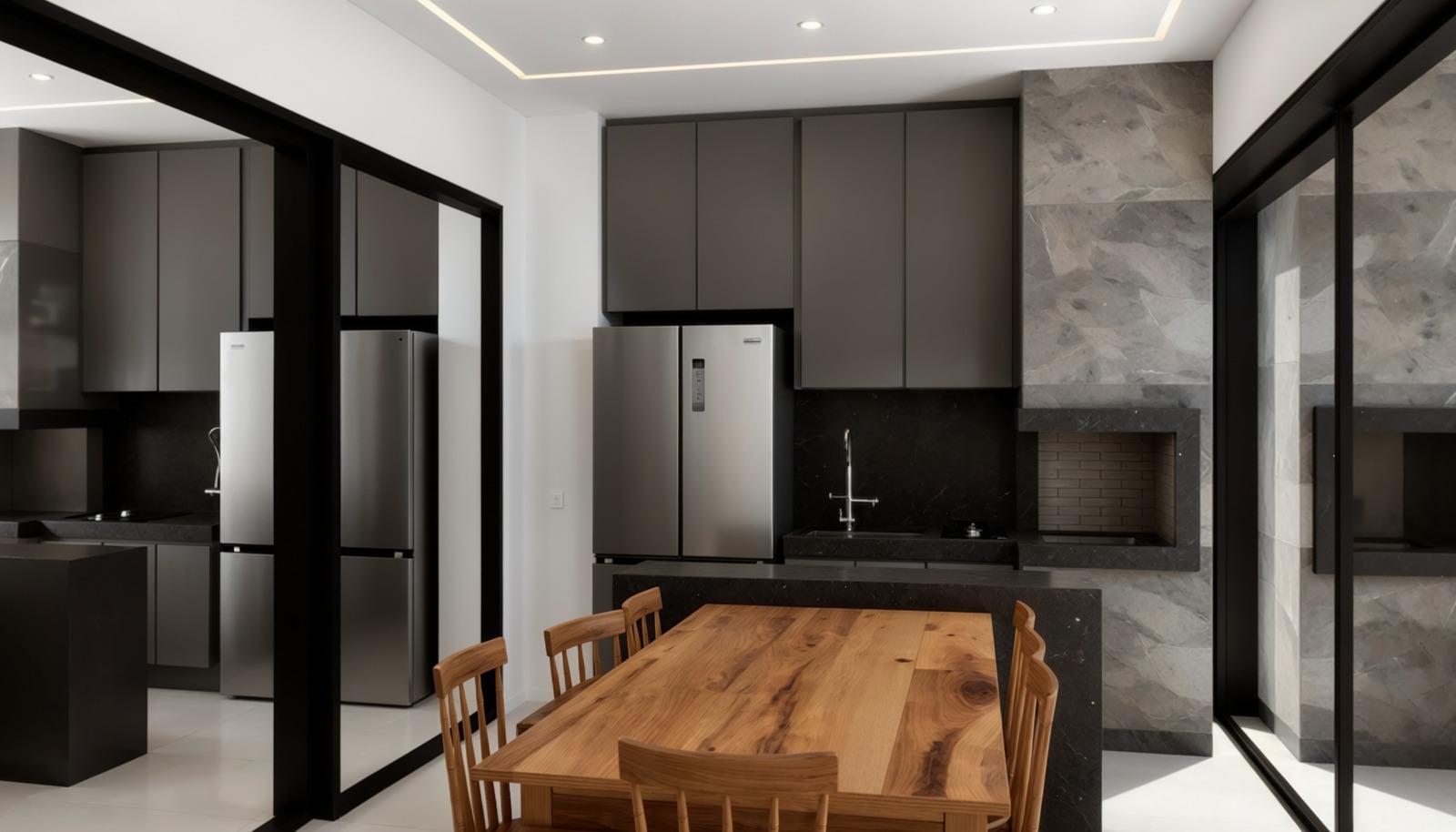 Cozinha gourmet escura com churrasqueira