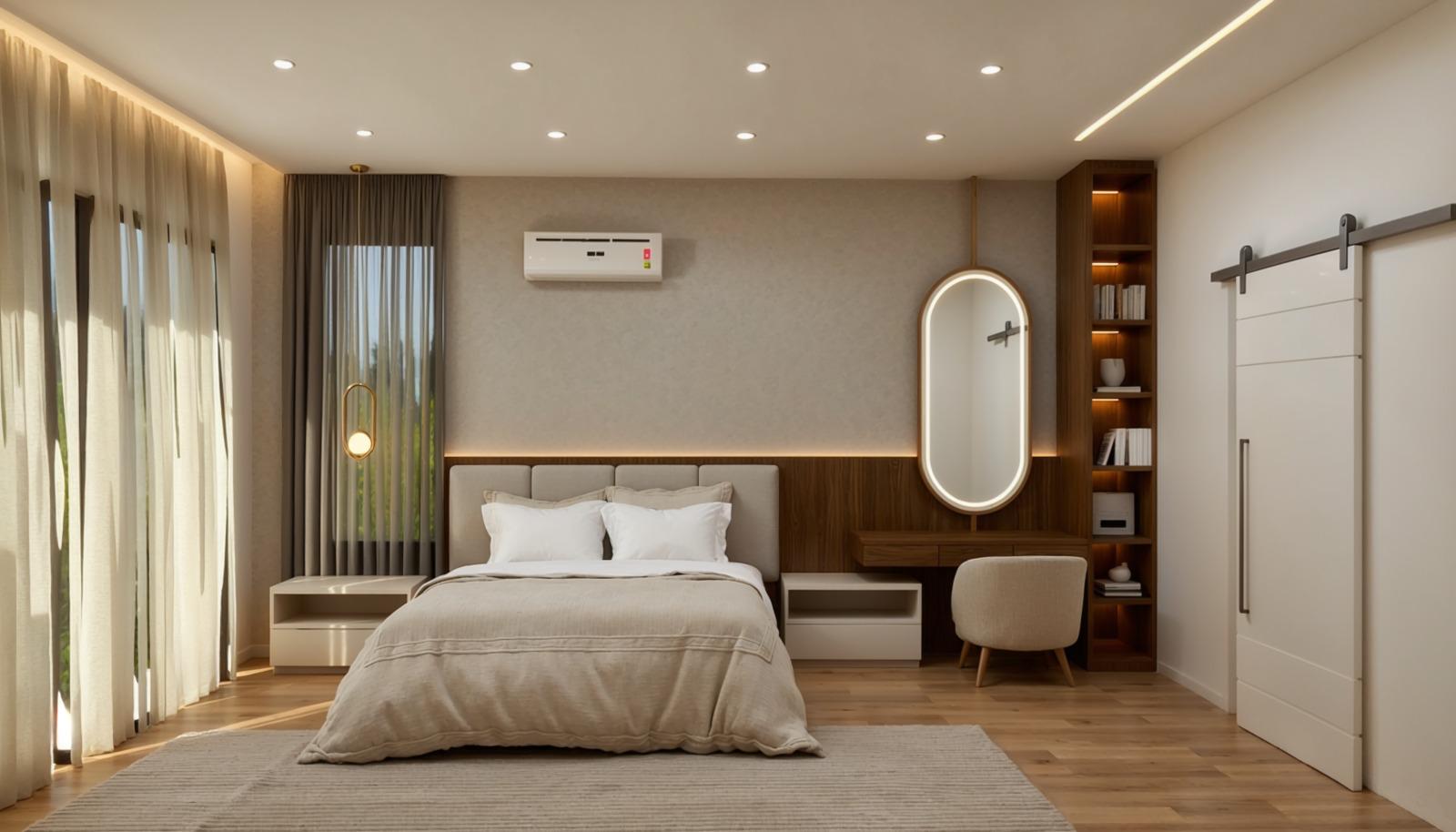 Suíte master com espelho oval e marcenaria planejada