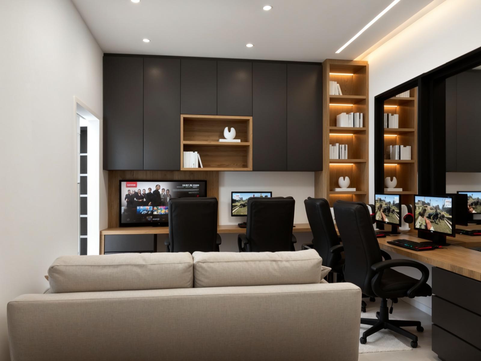 Home office com setup gamer e marcenaria planejada — design de interiores residencial